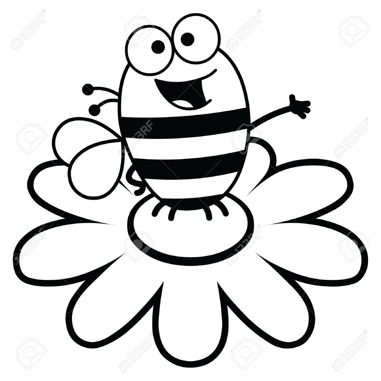 Noir Et Blanc Illustration De Bande Dessinee D Une Abeille Au Sommet D Une Grande Fleur Clip Art Libres De Droits Vecteurs Et Illustration Image