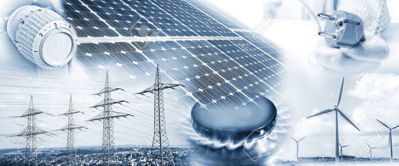 Electricity pylons, wind turbines and solar panel with plug, gas flame and heating thermostat - 54719266 Electricity pylons, wind turbines and solar panel with plug, gas flame and heating thermostat - 54719266