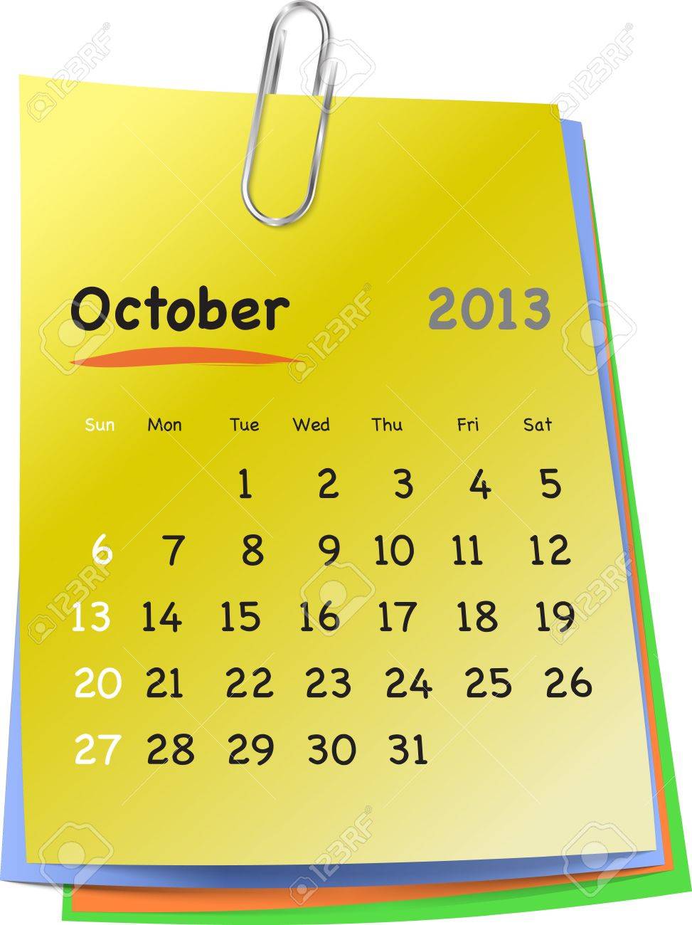 calendar for october 2013 on colorful sticky notes attached with