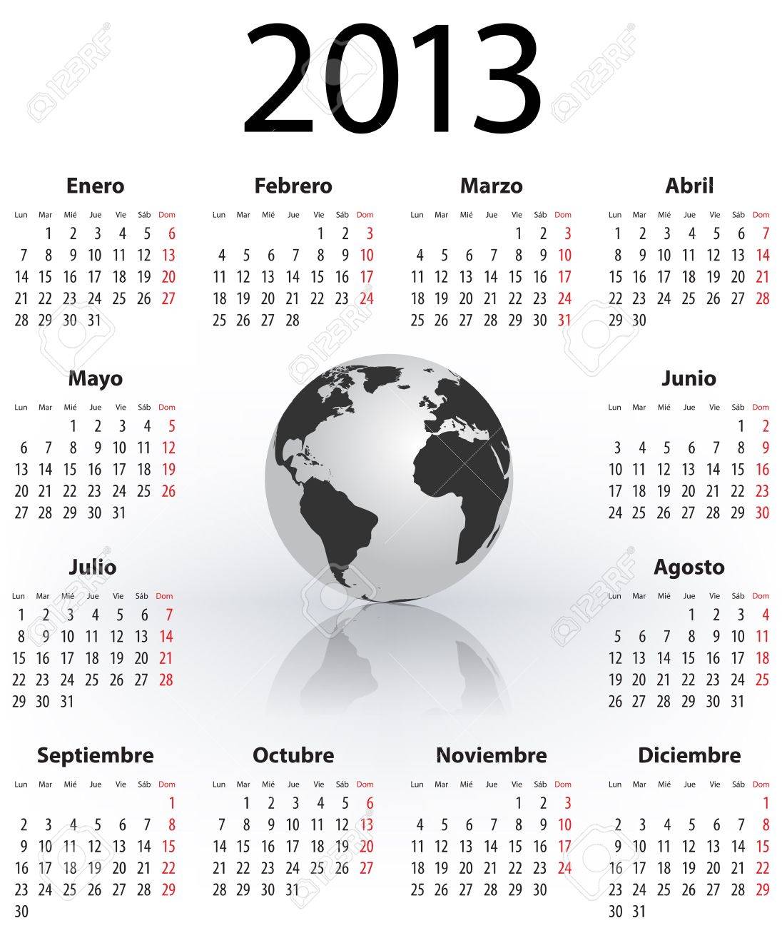 calendar for 2013 year in spanish with the world globe mondays