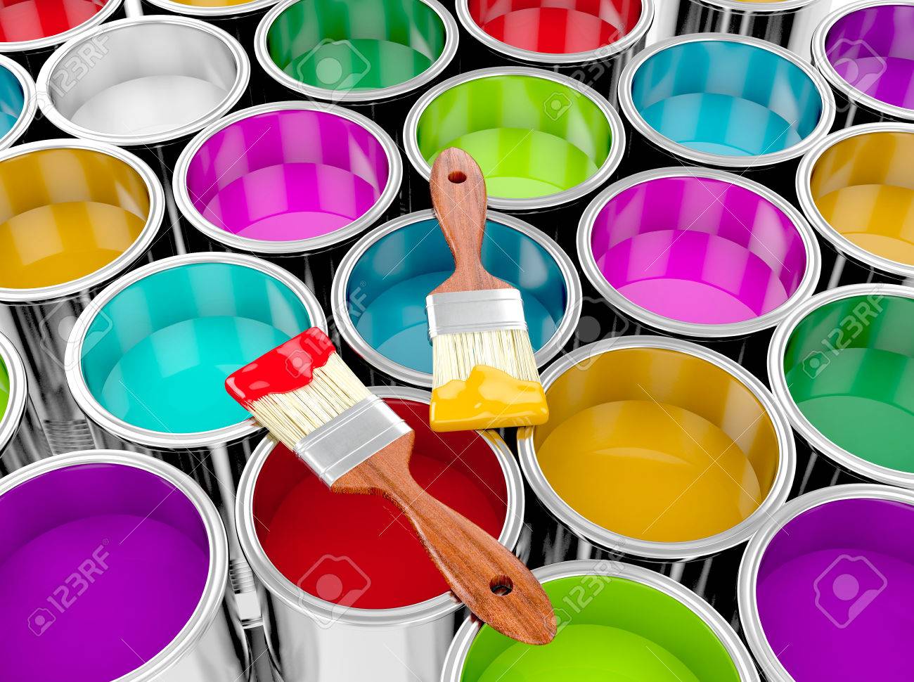 metal paint cans with colorful paint and paintbrush painting