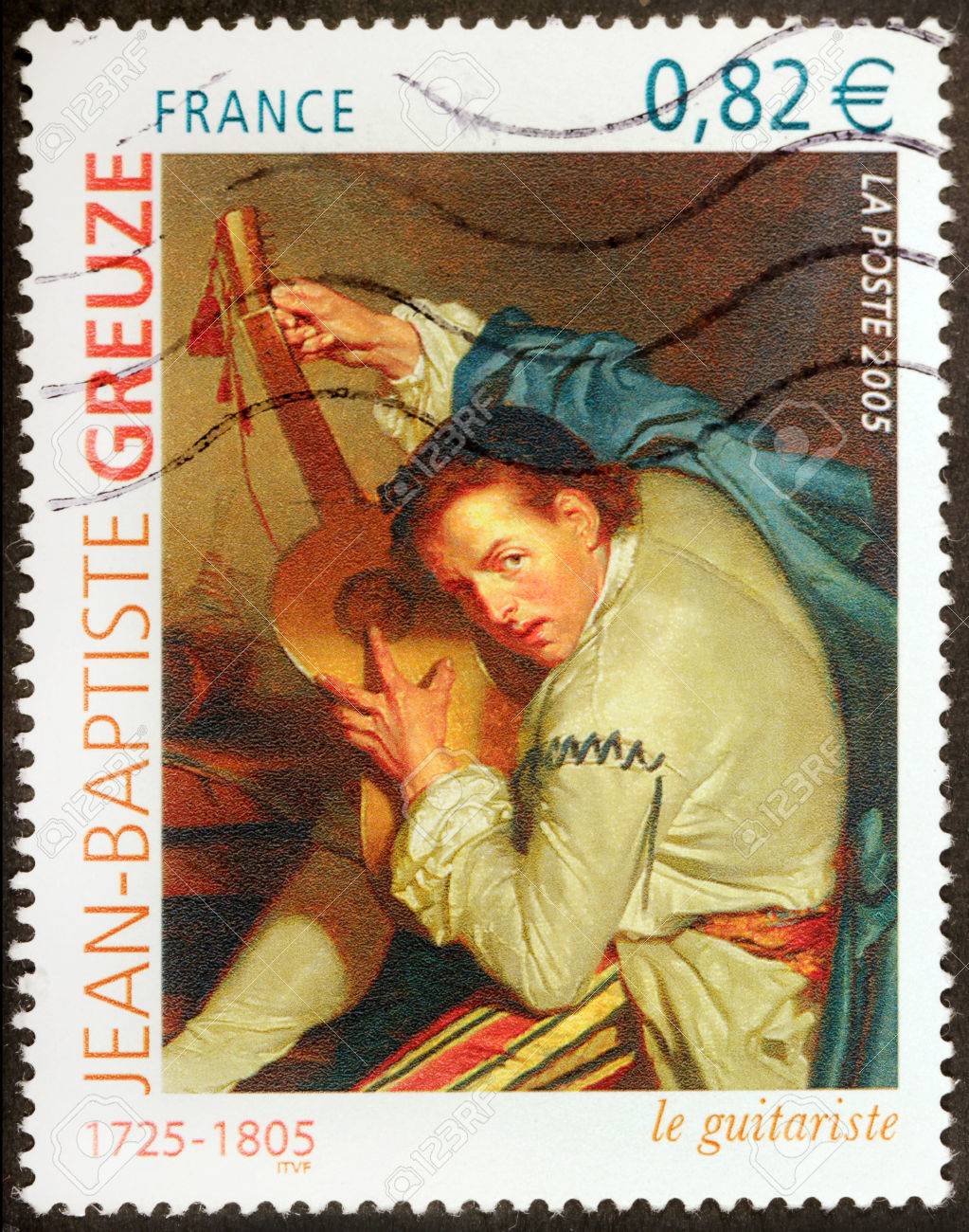 フランス 05 年頃 フランス ショー画像 05 年頃フランス人画家ジャン バティスト グルーズ ギタリスト Le Guitariste によって印刷されたスタンプ の写真素材 画像素材 Image