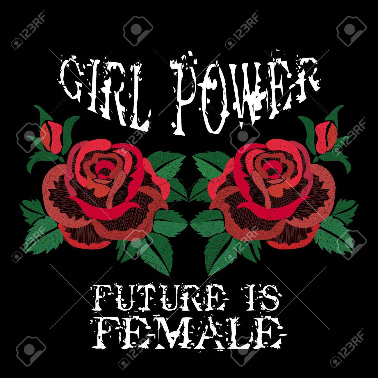 女の子の力スローガン ファッションのストライプ バッジ排他的な少女ギャング ローズ葉ロック少女ギャングの T シャツのための服は グラフィック デザインをプリントしました ステッカー 刺繍のセットをベクトル 古代の品種のスタイルでアップリケします の