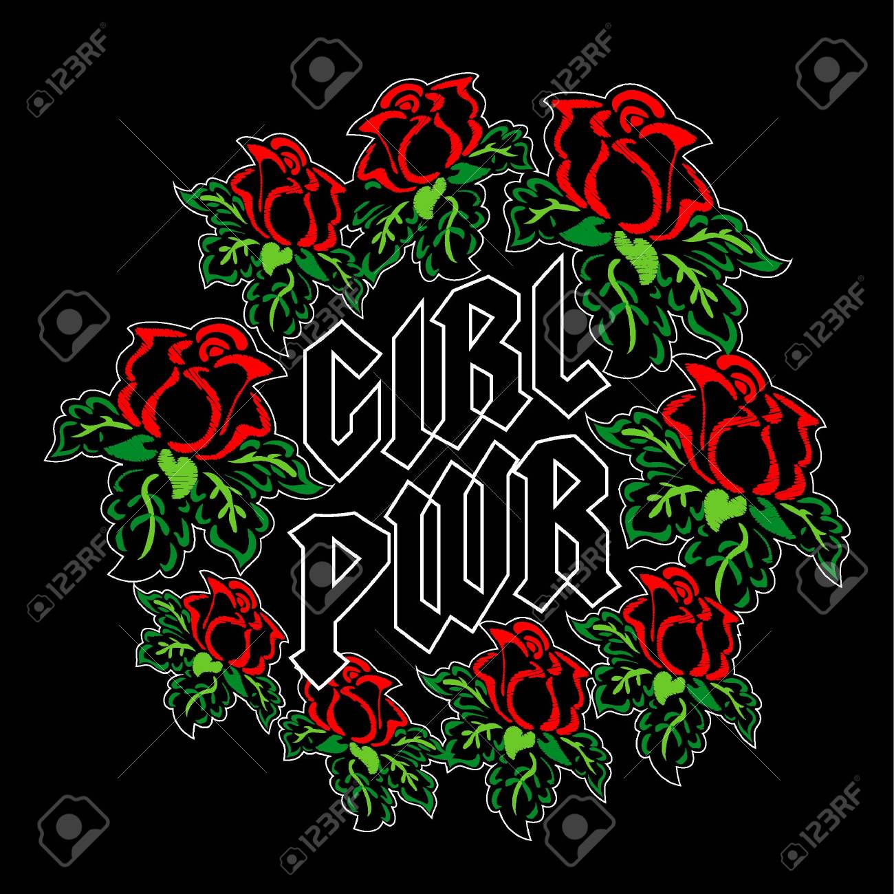 ガールパワースローガンファッションストライプ バッジ排他的な女の子ギャングローズは 葉ロックガールギャング プリントグラフィックデザインとtシャツのための服 ベクター古代の品種のスタイルでステッカー 刺繍 アップリケのセット のイラスト素材 ベクタ