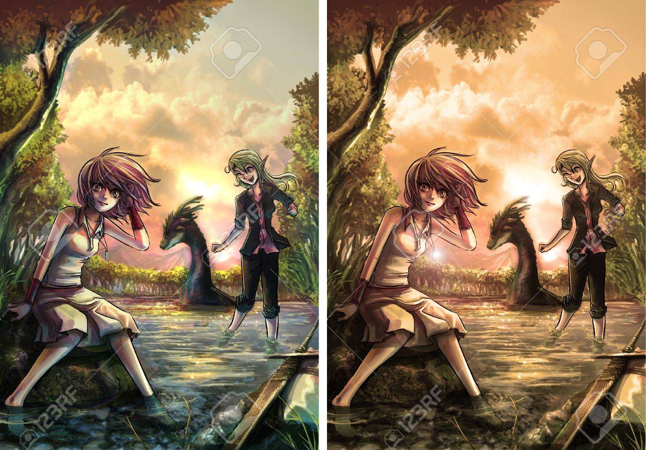 静かな雰囲気の中で川の銀行で休む 2 つのかわいいファンタジー女の子 の写真素材 画像素材 Image