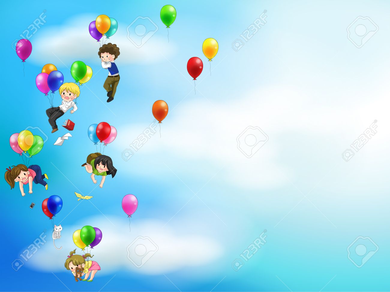 かわいい漫画の人々 とバルーン背景と空に浮かぶ子供のイラスト素材 ベクタ Image かわいい漫画の人々 とバルーン背景と空に浮かぶ子供のイラスト素材 ベクタ Image