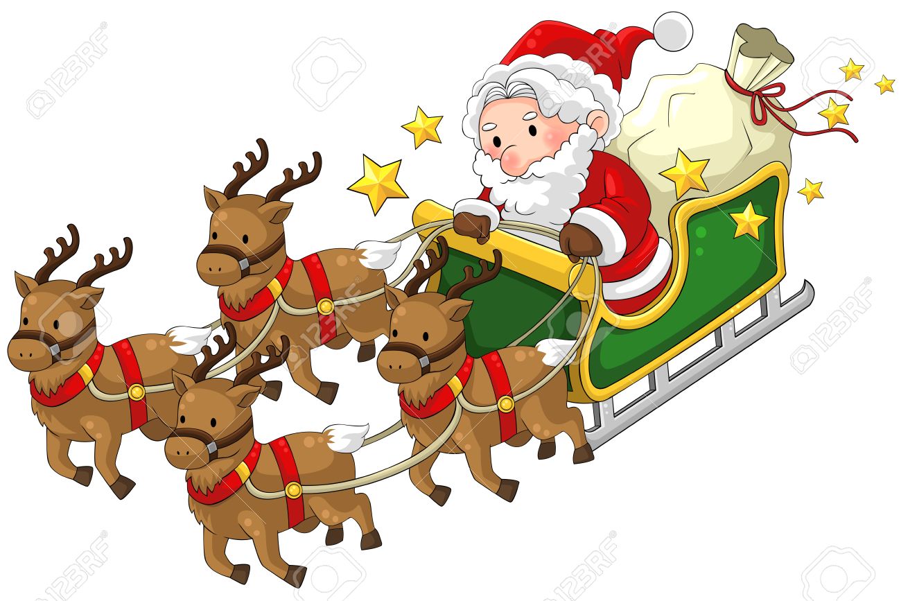 santa claus on a reindeer sleigh in christmas in white isolated