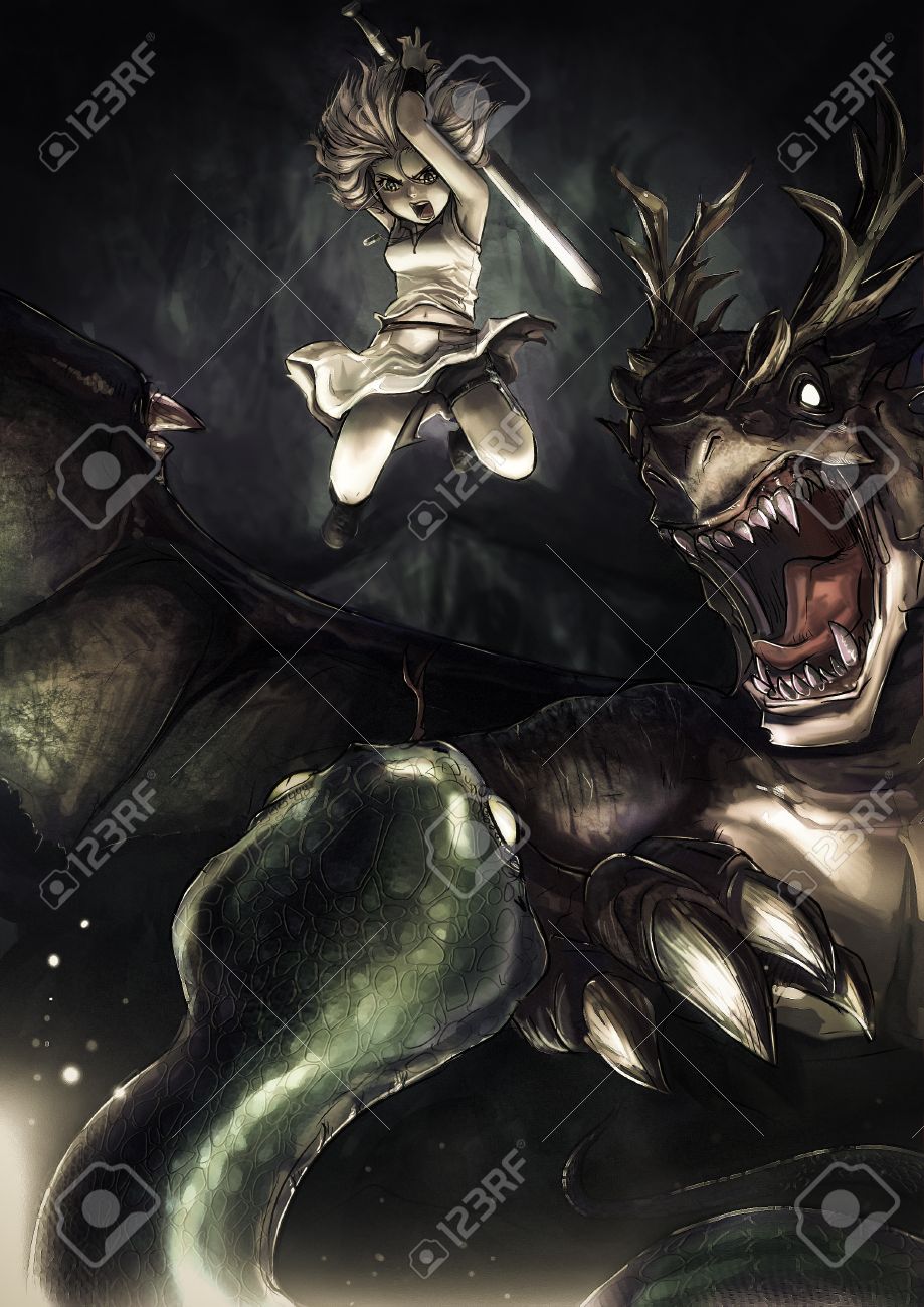 Une Fille Dessin Guerrier Fantastique Combat Un Serpent Géant Avec Son Dragon