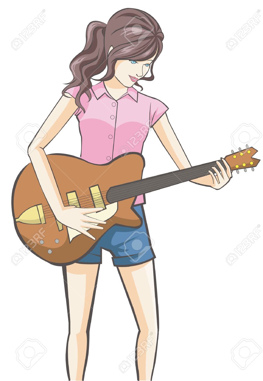 Cartoon Girl Playing Guitar In White Isolated Background