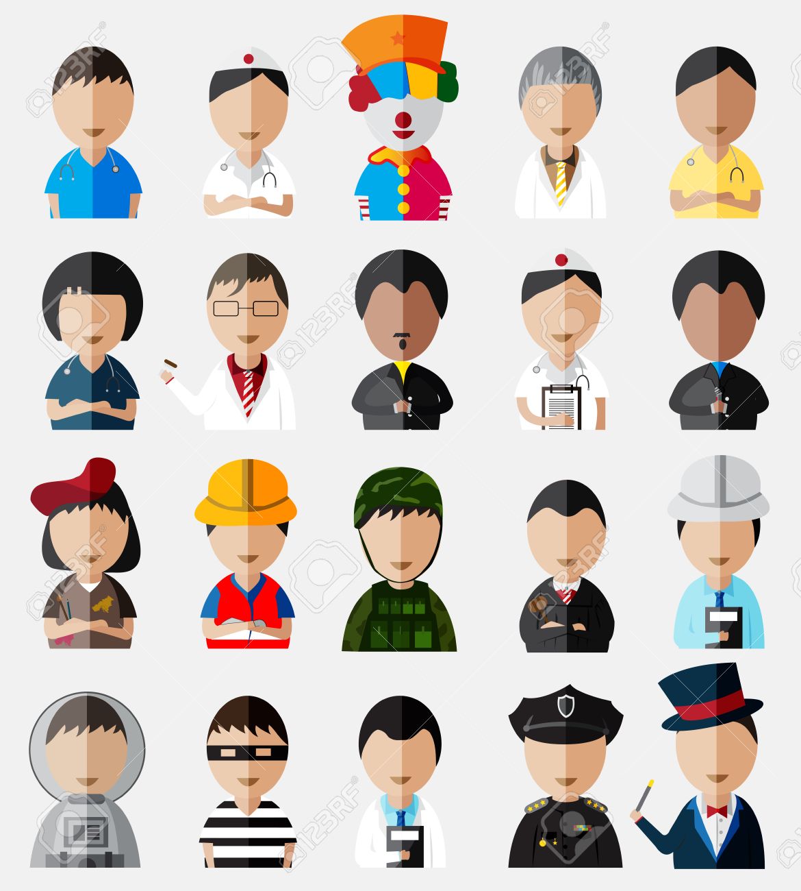 かわいいと面白い漫画文字ダミー アイコン コレクション仕事と職業の男性と女性 両方の種類の設定の上半身をベクターを作成します のイラスト素材 ベクタ Image