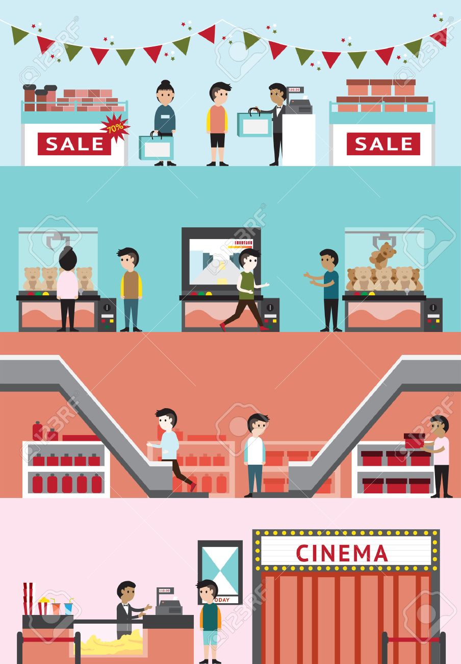 ベクトル フラット漫画デパート モール建築インテリア デザインと映画館 顧客および従業員のバナーの背景とギフト ショップ ゲーム センター クリスマスの季節の販売製品の割引のためのレイアウトを作成します のイラスト素材 ベクタ Image