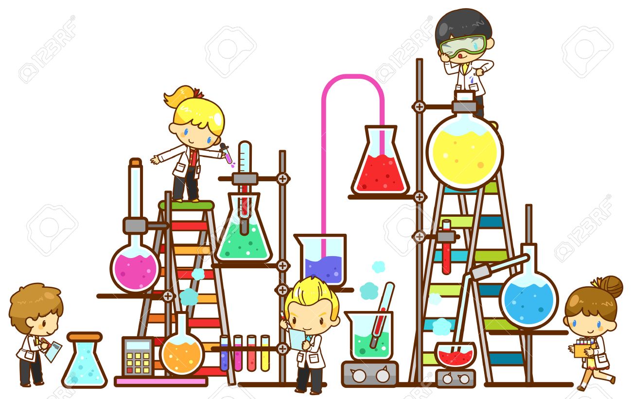 Cartoon Children Student Are Studying Chemistry, Working And Experimenting  In Massive Cooling Tower Refinery Laboratory With Huge Test Tube Beaker And  Science Tool In Isolated Background, Create By Vector Royalty Free Cliparts,
