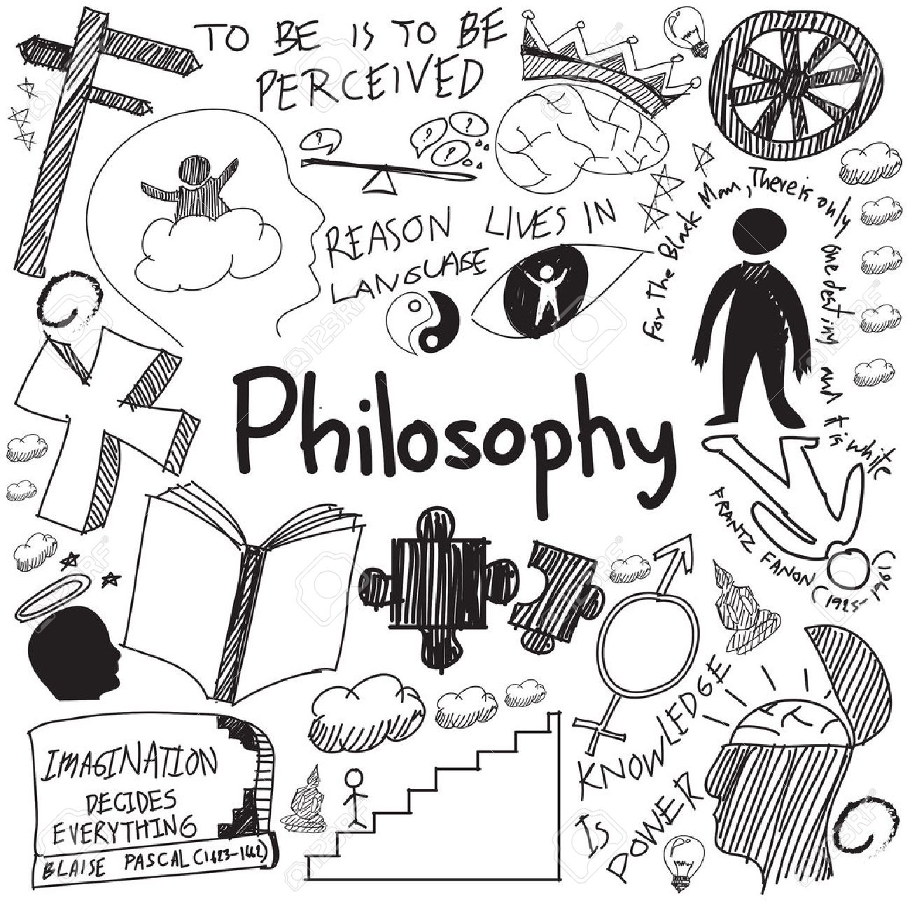 World Philosophy And Religion Doctrine Handwriting Doodle Sketch Design  Subject Sign And Symbol In White Isolated Background Paper For Education  Subject Presentation Or Introduction With Sample Text, Create By Vector  Royalty Free