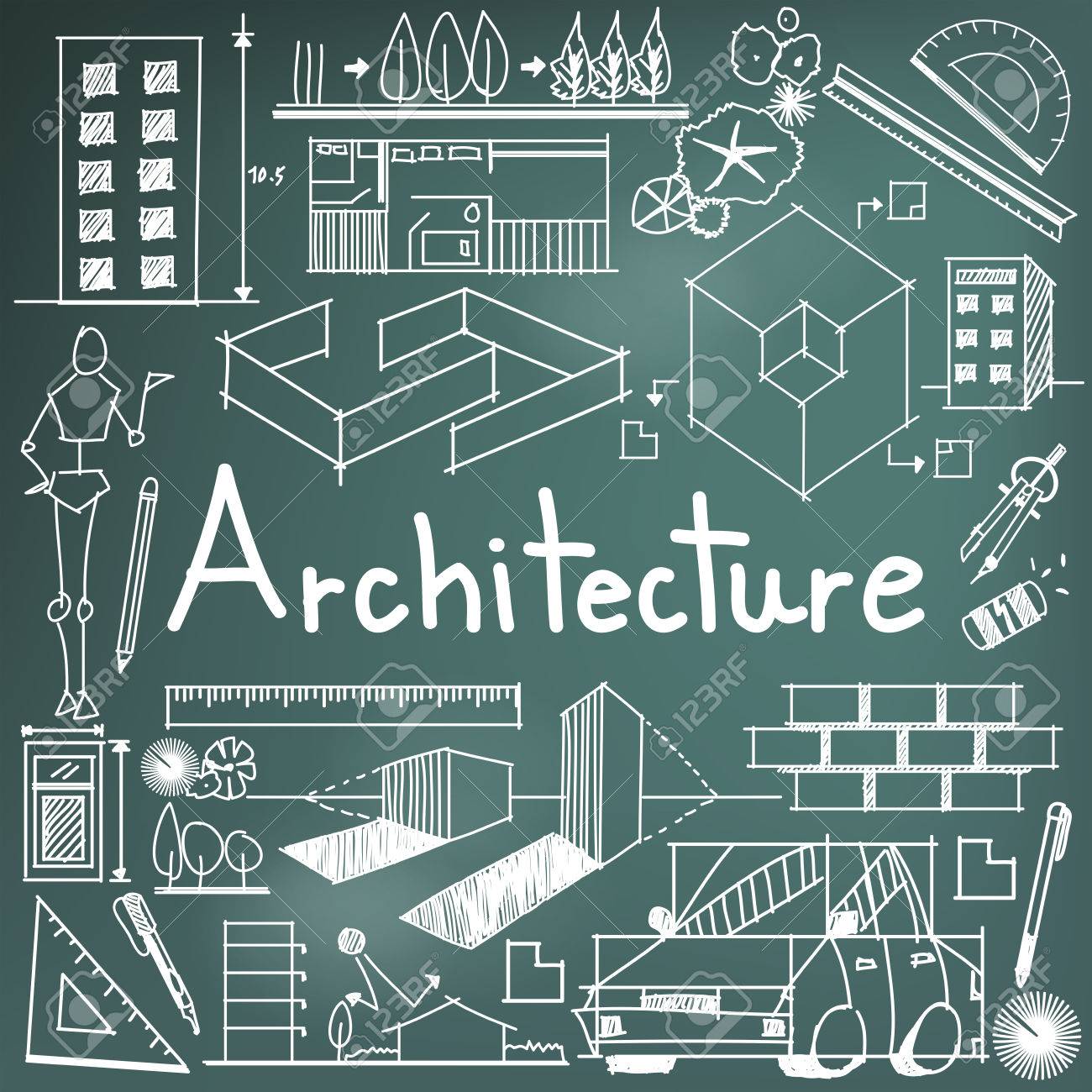 ベクトルによって職業や建物の外装設計図手書き落書きツール記号とシンボル教育主題またはプレゼンテーション タイトルの黒板背景の建築と建築家の設計を作成します のイラスト素材 ベクタ Image
