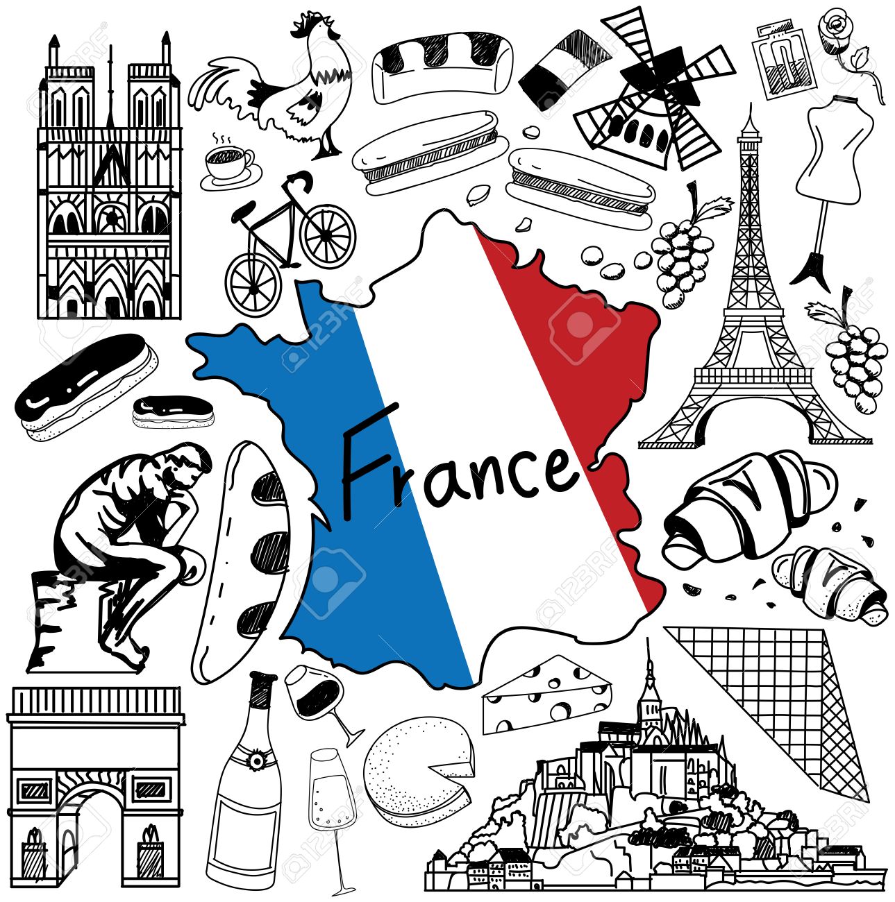 travel to france doodle drawing icon doodle with culture costume
