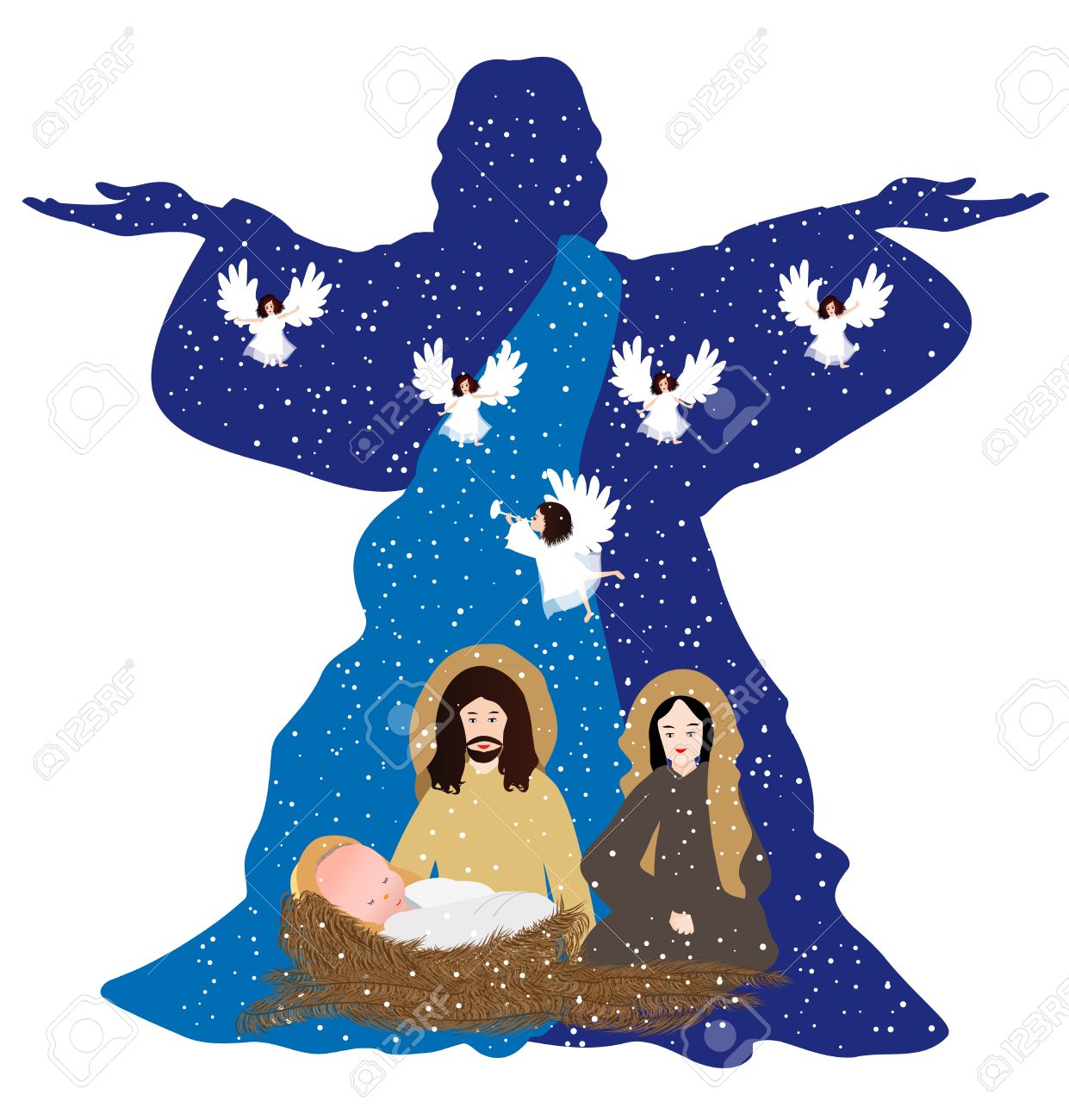 ヨセフとマリアと赤ん坊のキリスト歌う天使で安定で のイラスト素材 ベクタ Image