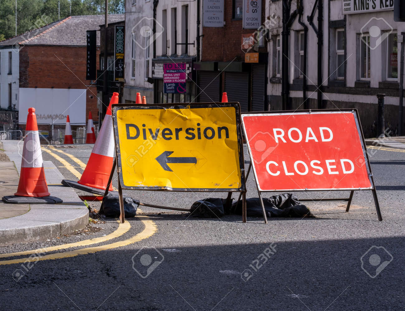 diversion and road closed sign in the town centre in Bolton Lancashire July 2020 - 156133890 diversion and road closed sign in the town centre in Bolton Lancashire July 2020 - 156133890