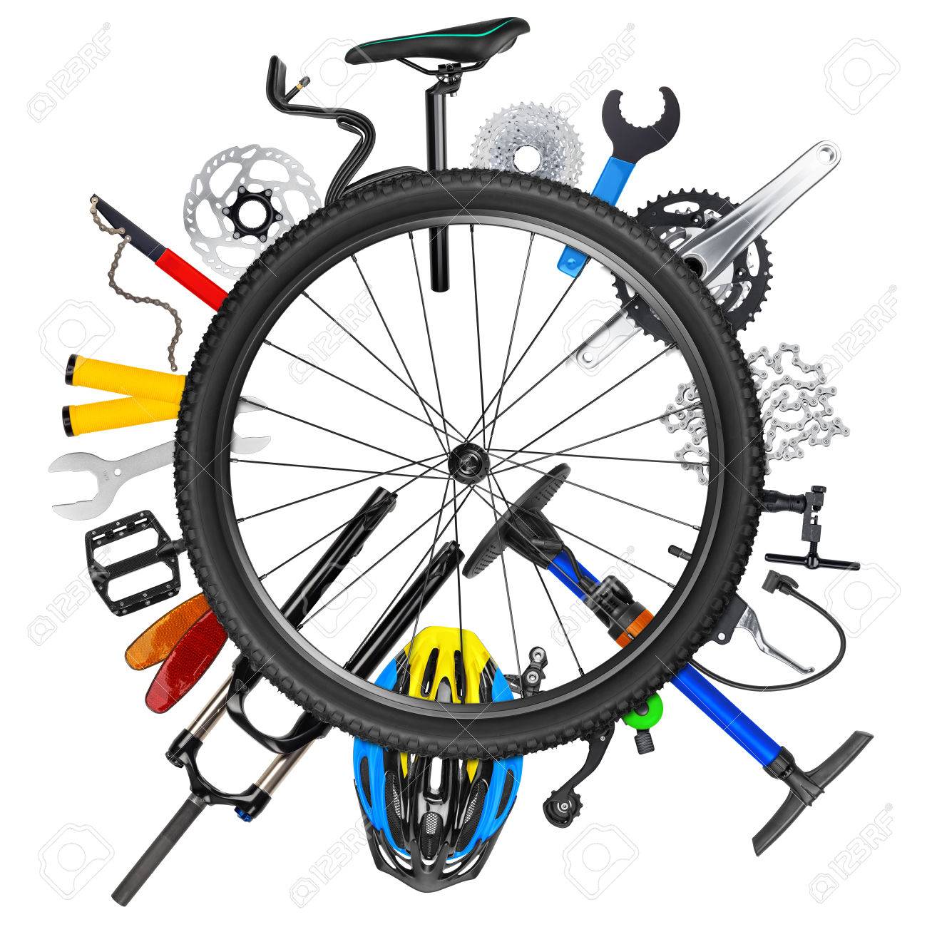 bicycle wheel concept with various bike parts isolated on white background - 54719093 bicycle wheel concept with various bike parts isolated on white background - 54719093