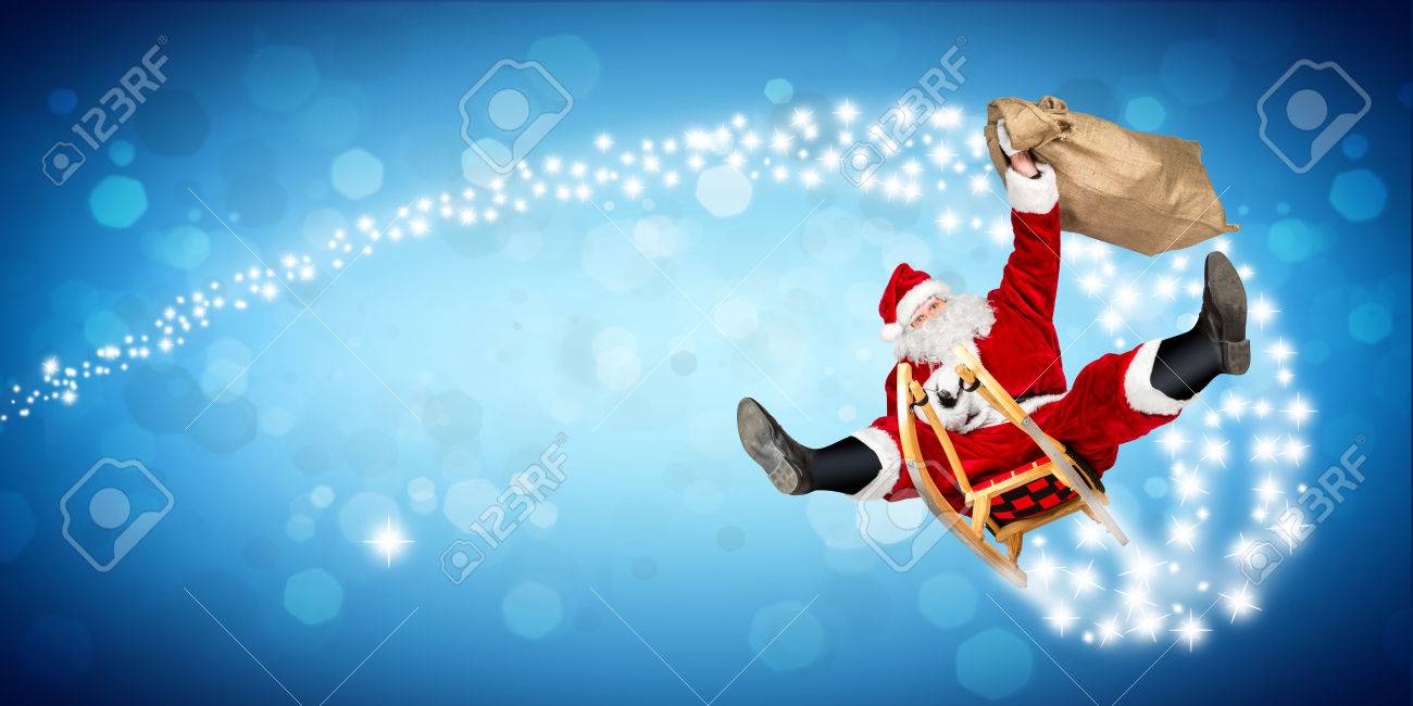 Verruckten Weihnachtsmann Auf Seinem Schlitten Urkomisch Schnell Lustig Verruckt Weihnachten Weihnachtsgeschenk Vorhanden Lieferung Blau Breites Panorama Hintergrund Bokeh Lizenzfreie Fotos Bilder Und Stock Fotografie Image