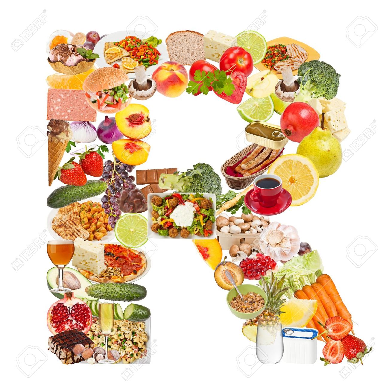 letter r made of food isolated on white background stock photo