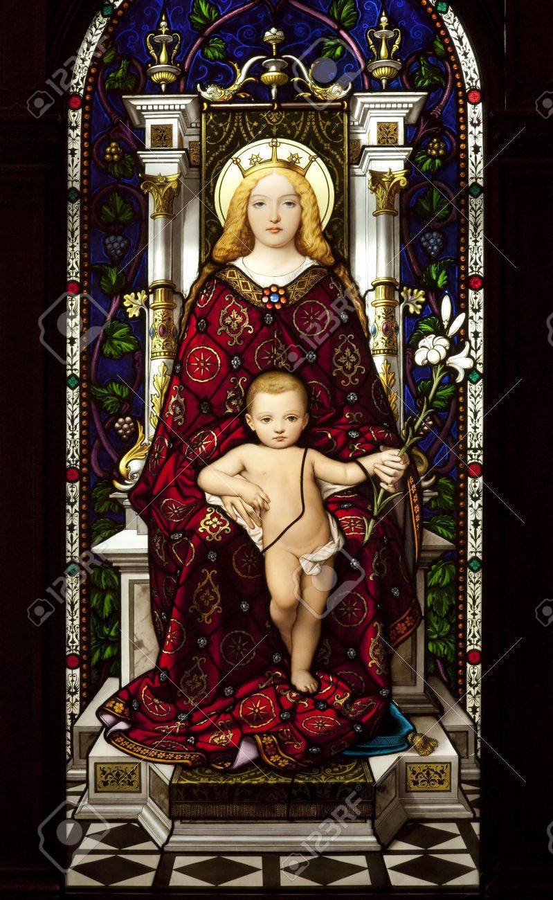 マドンナ&チャイルド 聖母マリア キリスト 天使 ヴィンテージ ステンドグラス 聖母マリアとイエス・キリスト Madonna and Child ステンドグラス