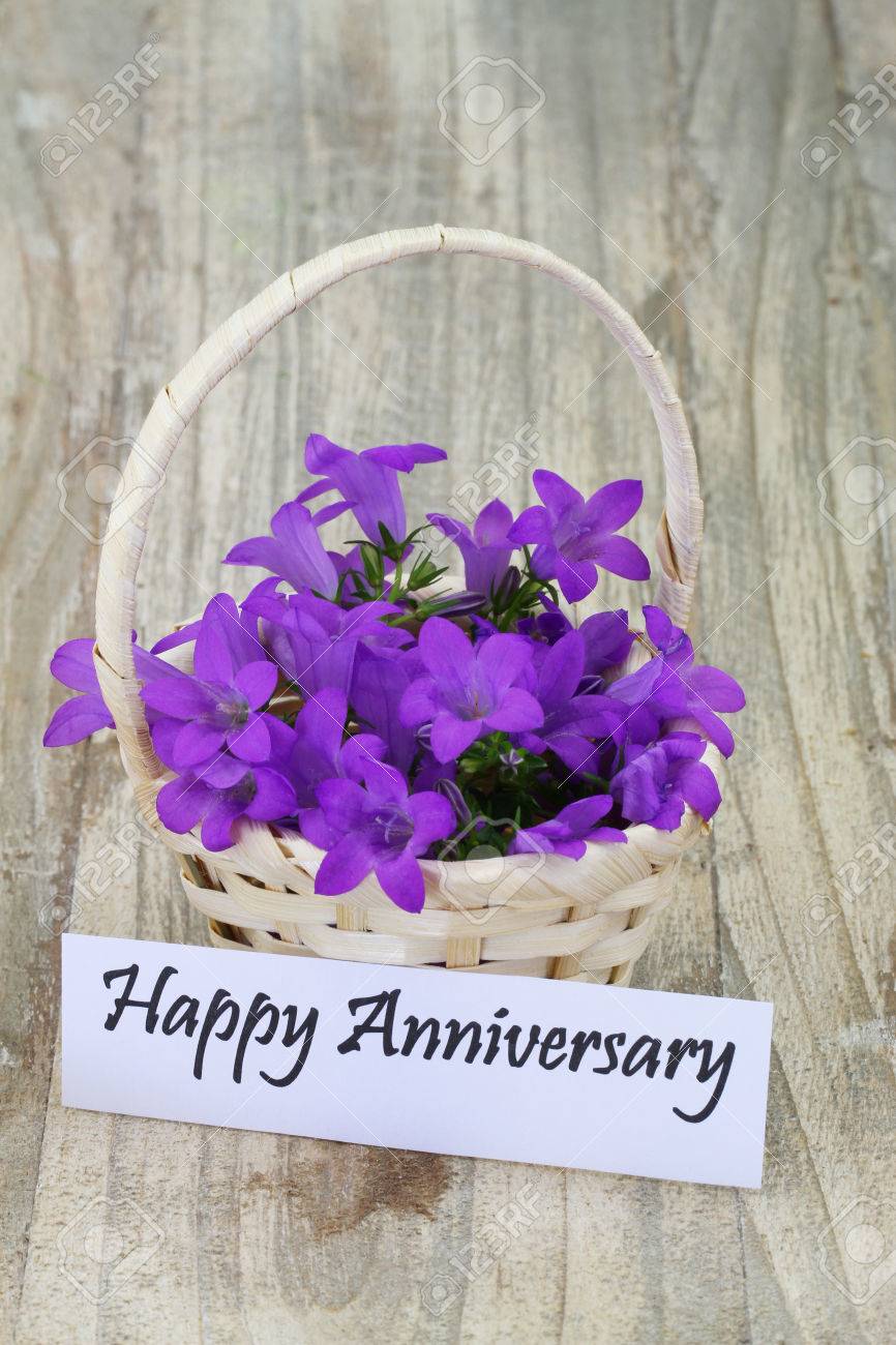 happy anniversary card with campanula flower basket