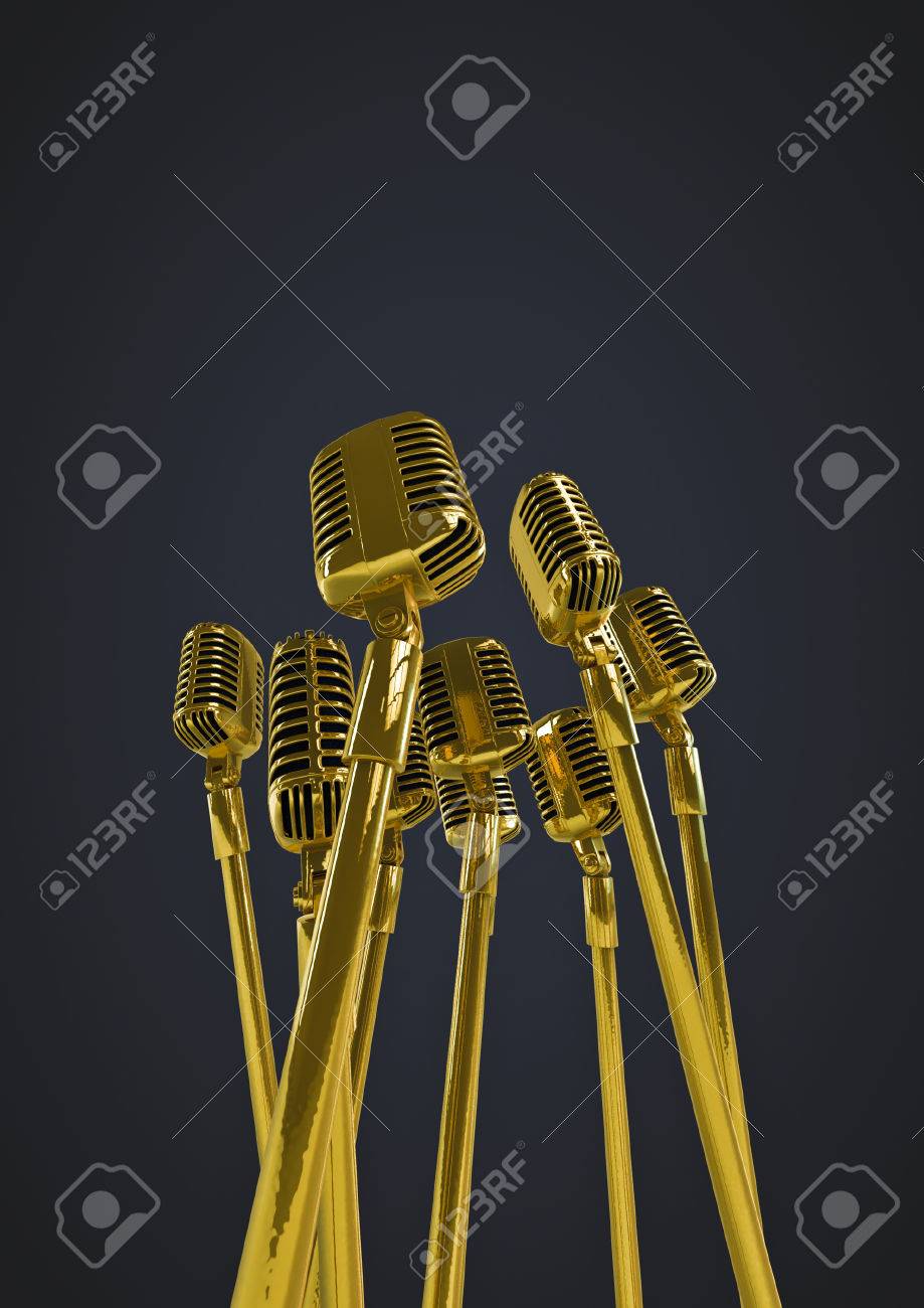 retro gold microphones 3d render of group of old fashioned classic