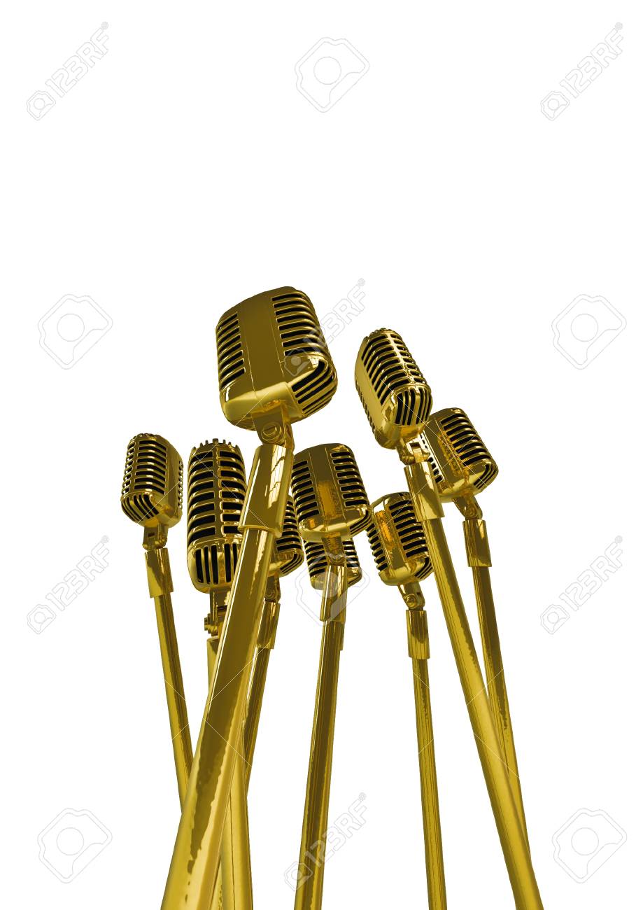 retro gold microphones 3d render of group of old fashioned classic