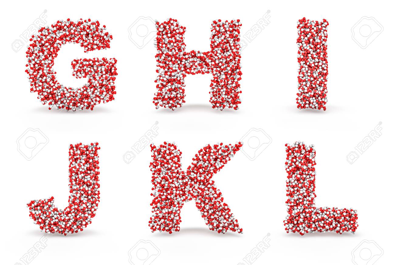 アルファベット文字を色分けして表示する簡単な形成薬カプセルの薬アルファベット G H I J K L 3 D レンダリングします の写真素材 画像素材 Image