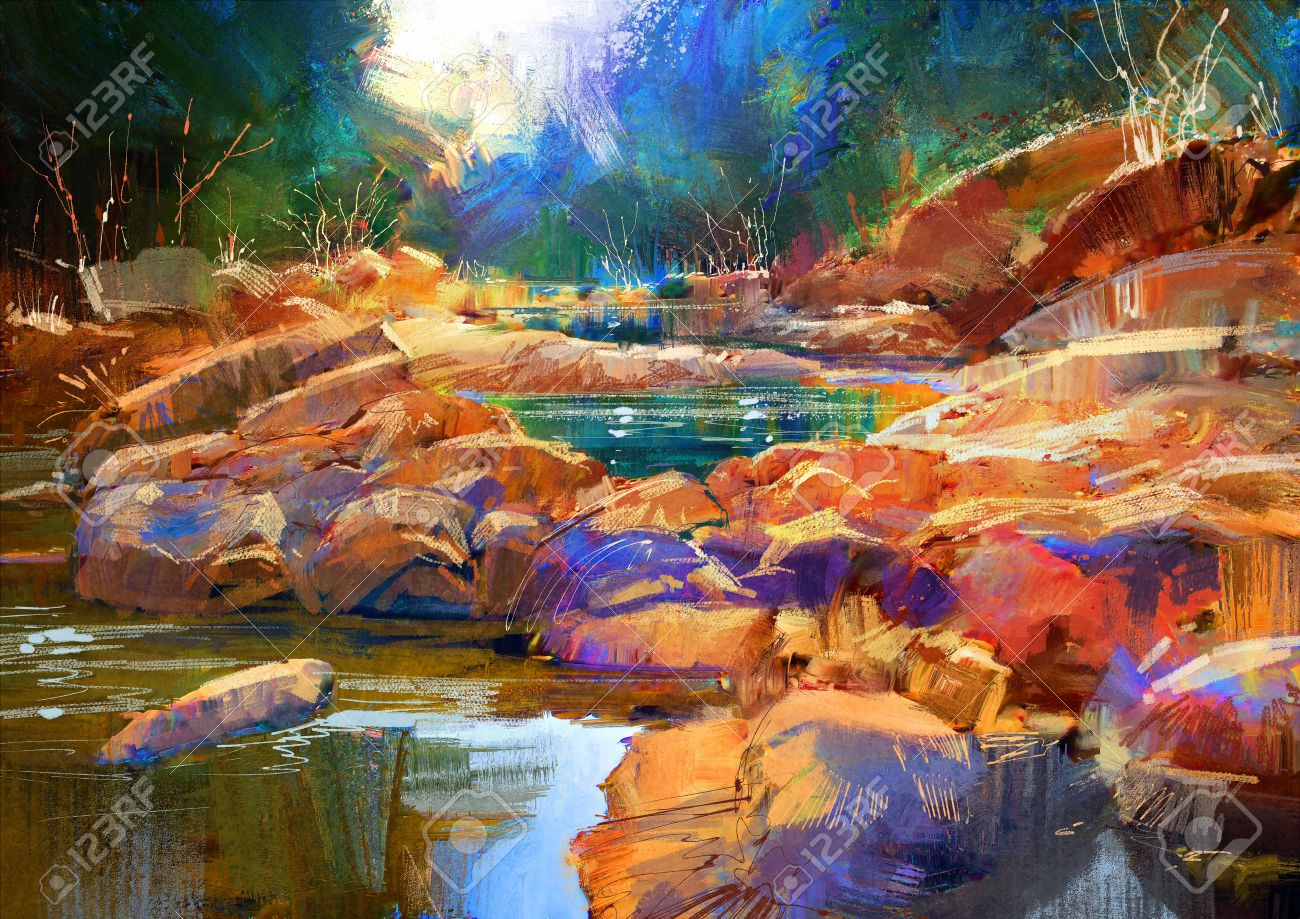 beautiful fall river lines with colorful stones in autumn forest,digital painting - 41908922 beautiful fall river lines with colorful stones in autumn forest,digital painting - 41908922