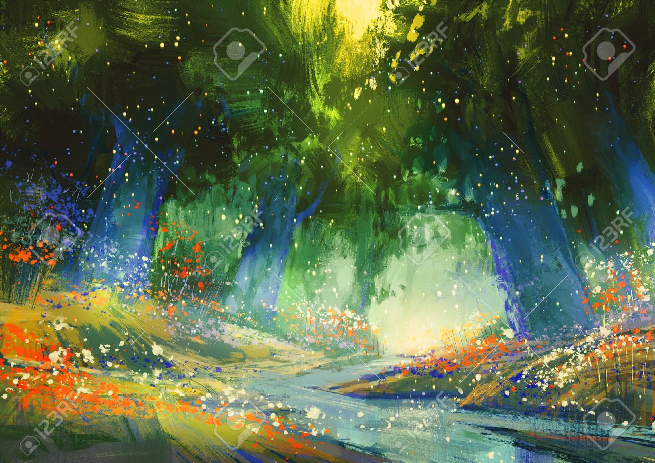 Bleu Et Vert Foret Mystique Avec Une Atmosphere Fantastique Illustration Peinture Banque D Images Et Photos Libres De Droits Image