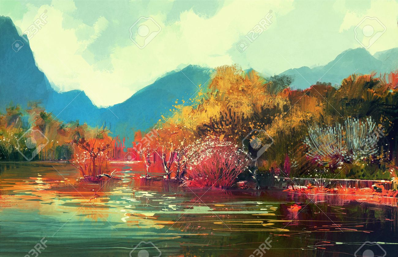 美しい秋の森、イラストの絵の写真素材・画像素材 Image 43033362