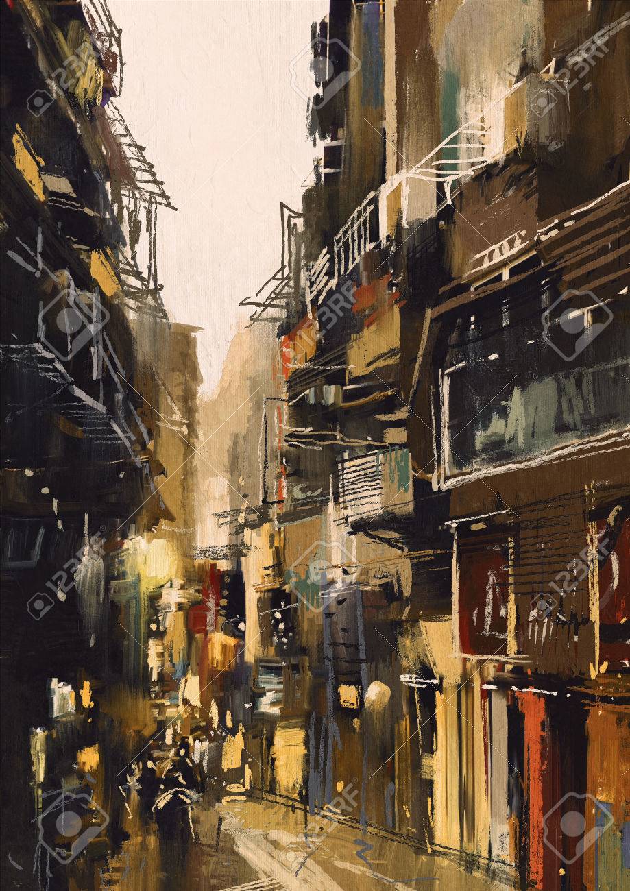 古い建物で都市景観絵画を示す狭い路地