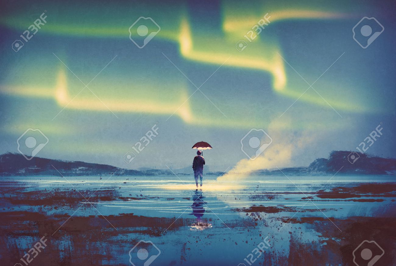 男傘ライトを保持している絵画の図の上のオーロラ オーロラ の写真素材 画像素材 Image