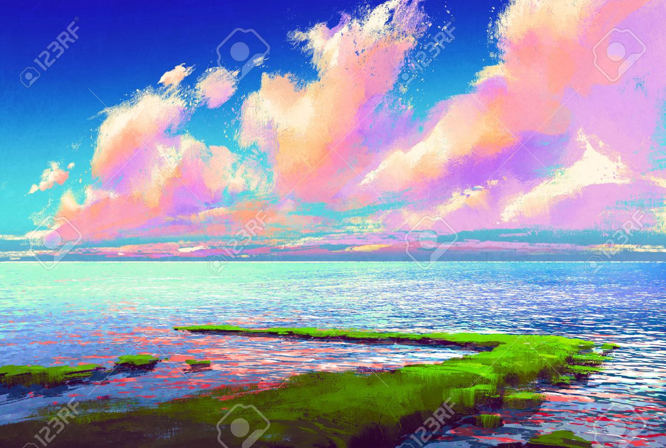 カラフルな空 風景画の下で美しい海 の写真素材 画像素材 Image