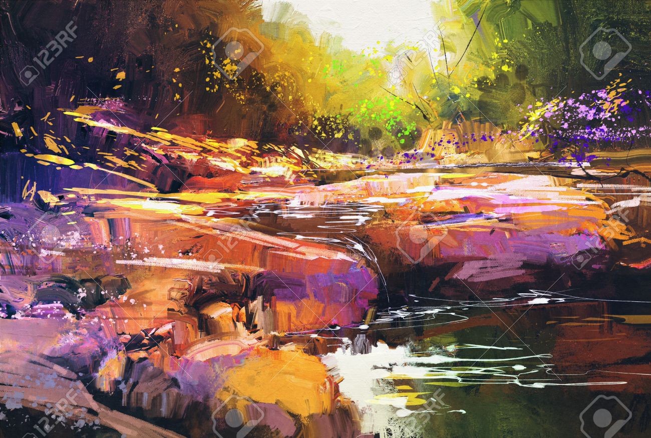 秋の森、風景画でカラフルな石で美しい秋川線の写真素材・画像素材