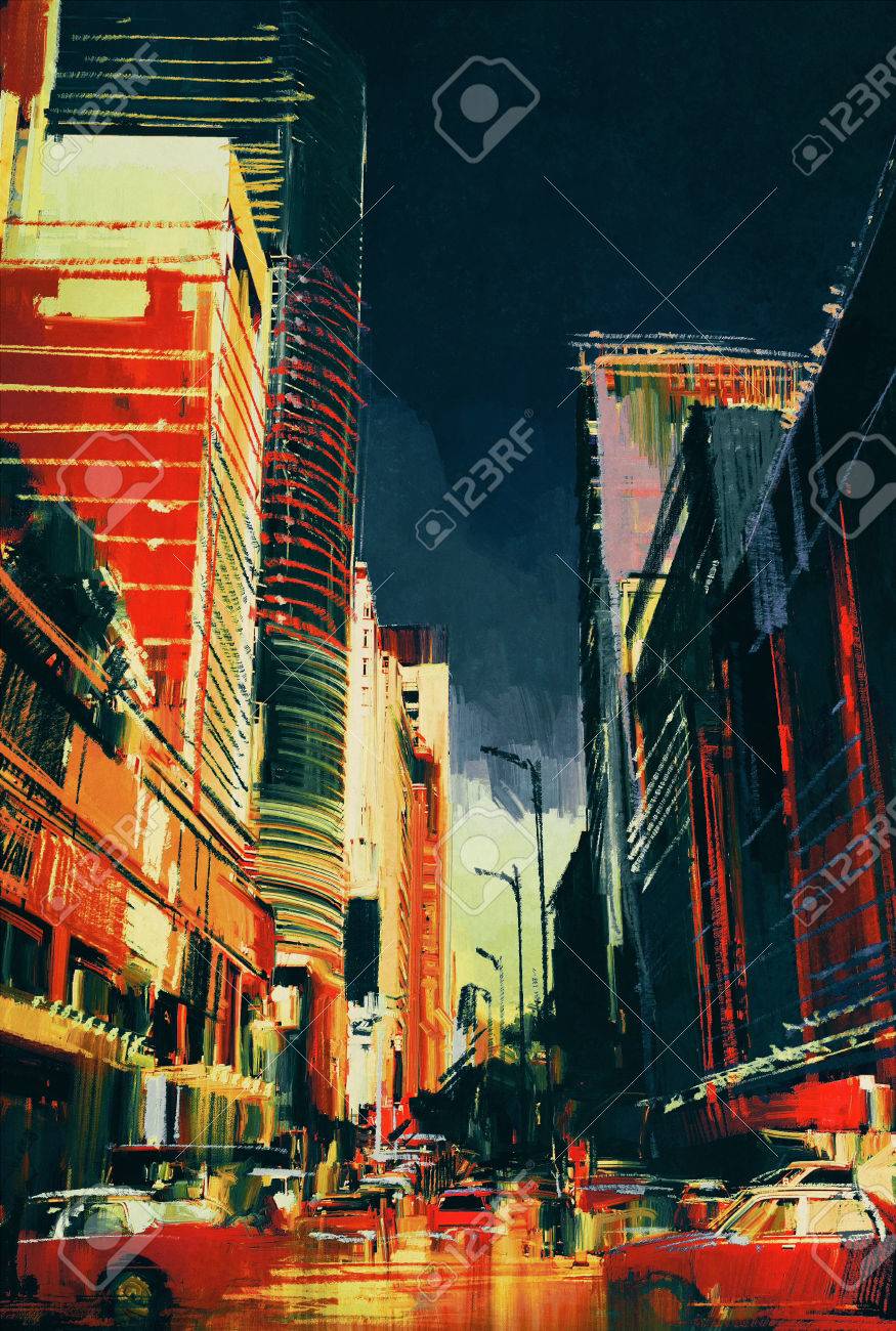Colorful Painting Of City Street With Office Buildings