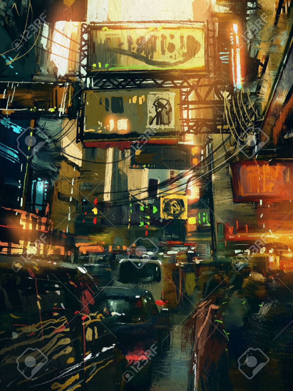 近代都市における商店街のカラフルな絵画 の写真素材 画像素材 Image