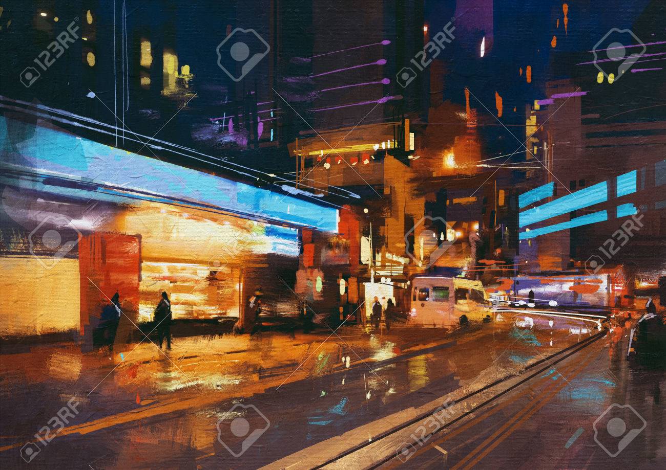 Painting Of Street In Modern Urban City At Night Stock Photo Picture And Royalty Free Image Image