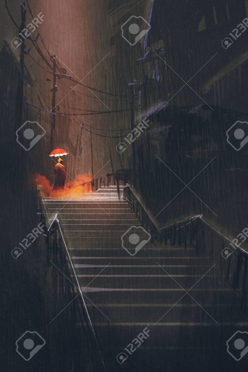 夜の雨 絵画の図で階段上ライト傘に立っている男 の写真素材 画像素材 Image