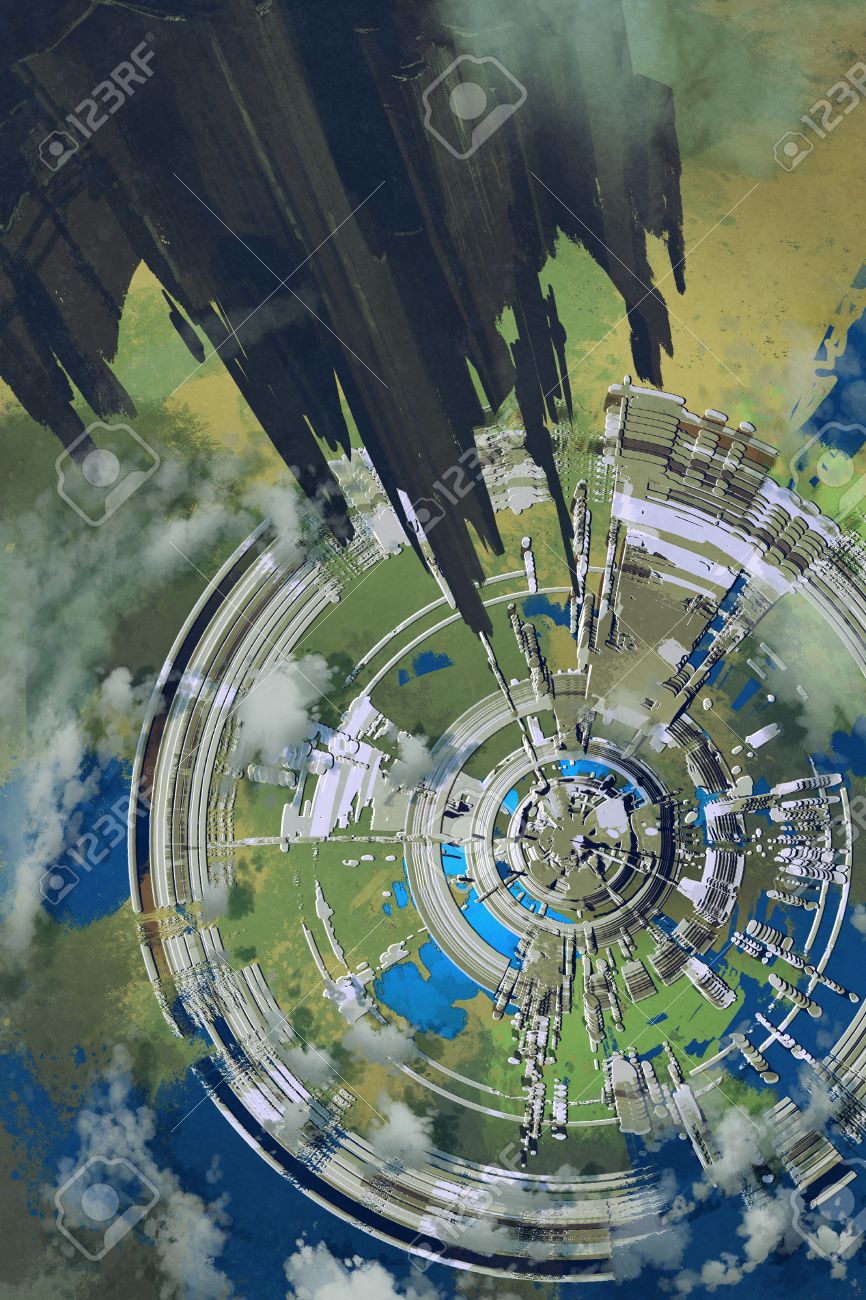 未来都市とフォア グラウンド エイリアンの惑星 絵画イラスト宇宙船の航空写真 の写真素材 画像素材 Image