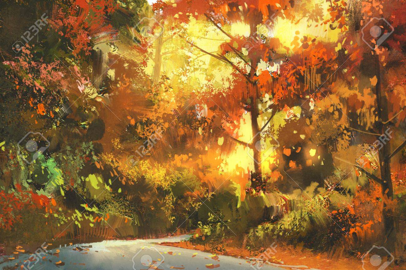 カラフルな森 秋の風景画 イラスト経路 の写真素材 画像素材 Image