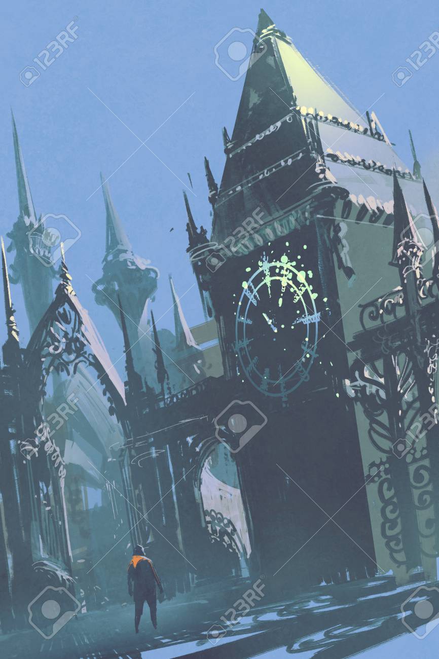 男絵画イラスト フィクション市に時計塔を見ての写真素材・画像素材