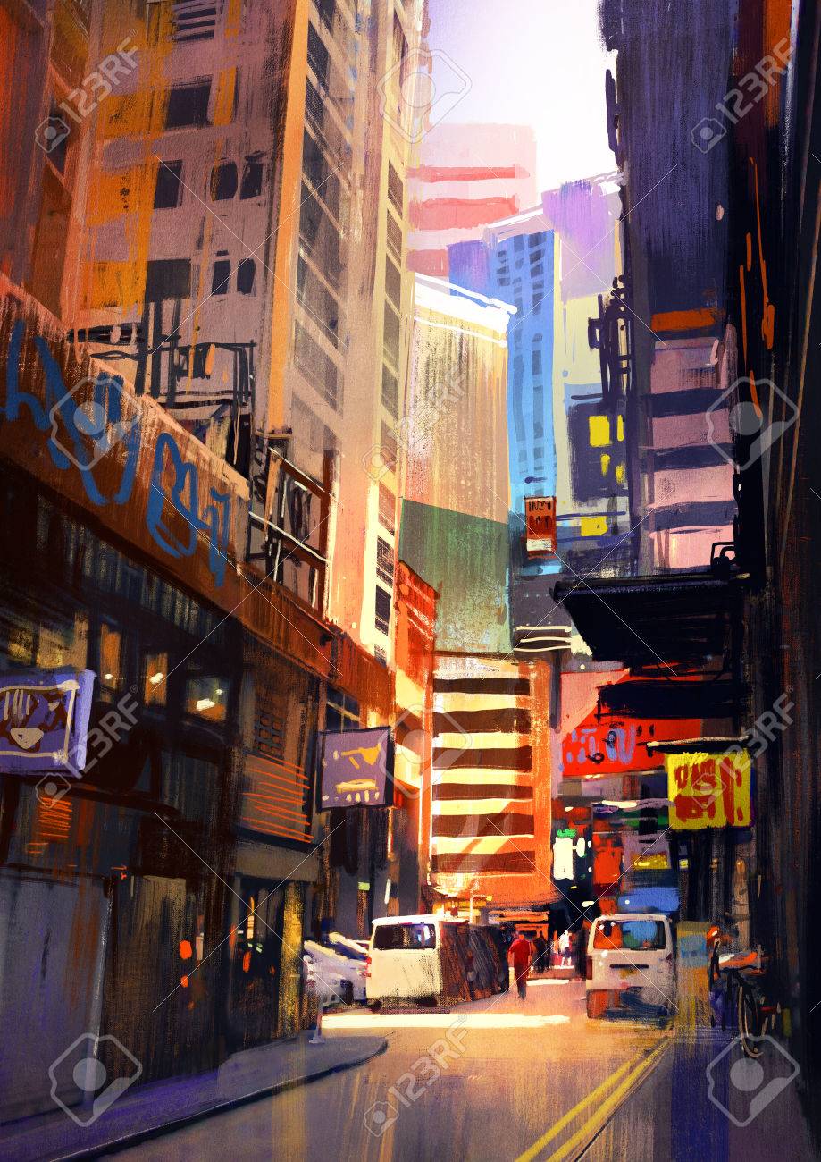 街路と建物 都市の路地 カラフルな絵画 イラスト の写真素材 画像素材 Image