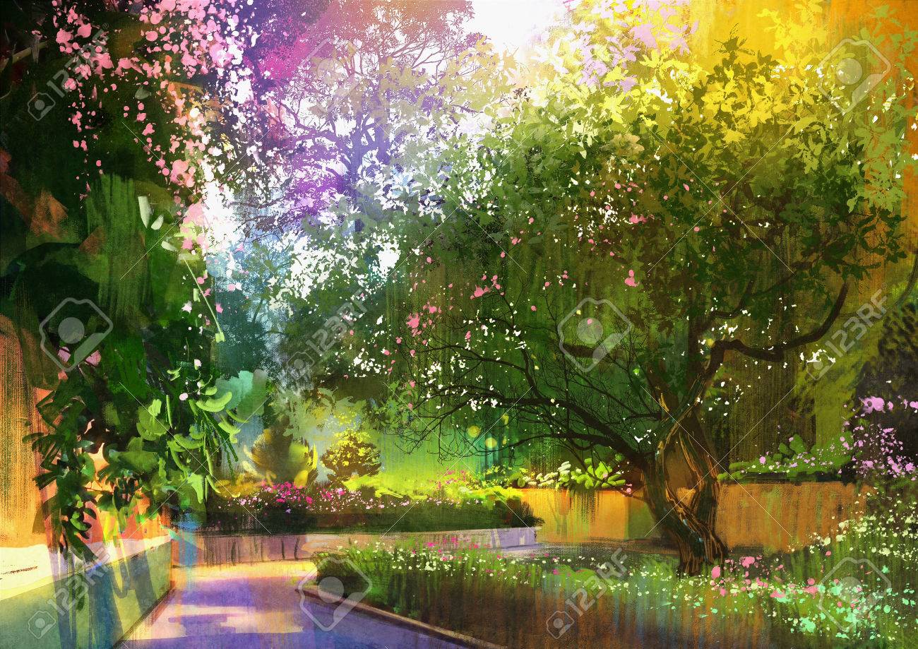 静かな緑豊かな公園、イラスト、風景画の経路の写真素材・画像素材