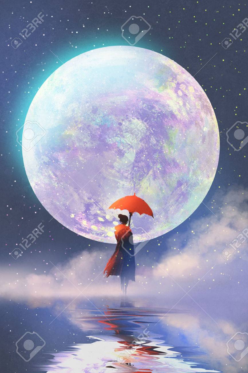 満月の背景 絵画の図に水の上に赤い傘立って女性 の写真素材 画像素材 Image