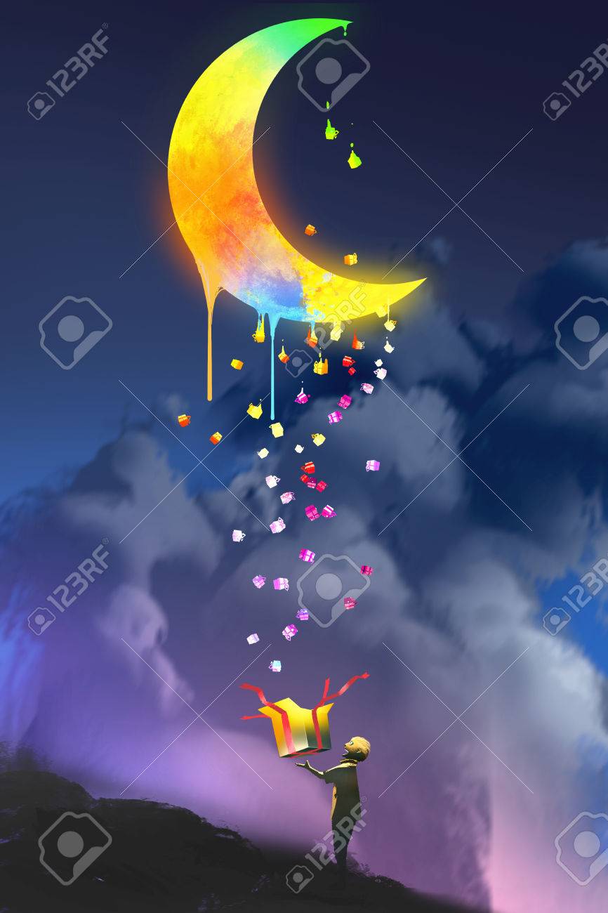 the kid opening a fantasy box and looking up a magic gift,colorful melting moon,illustration painting - 65012697 the kid opening a fantasy box and looking up a magic gift,colorful melting moon,illustration painting - 65012697