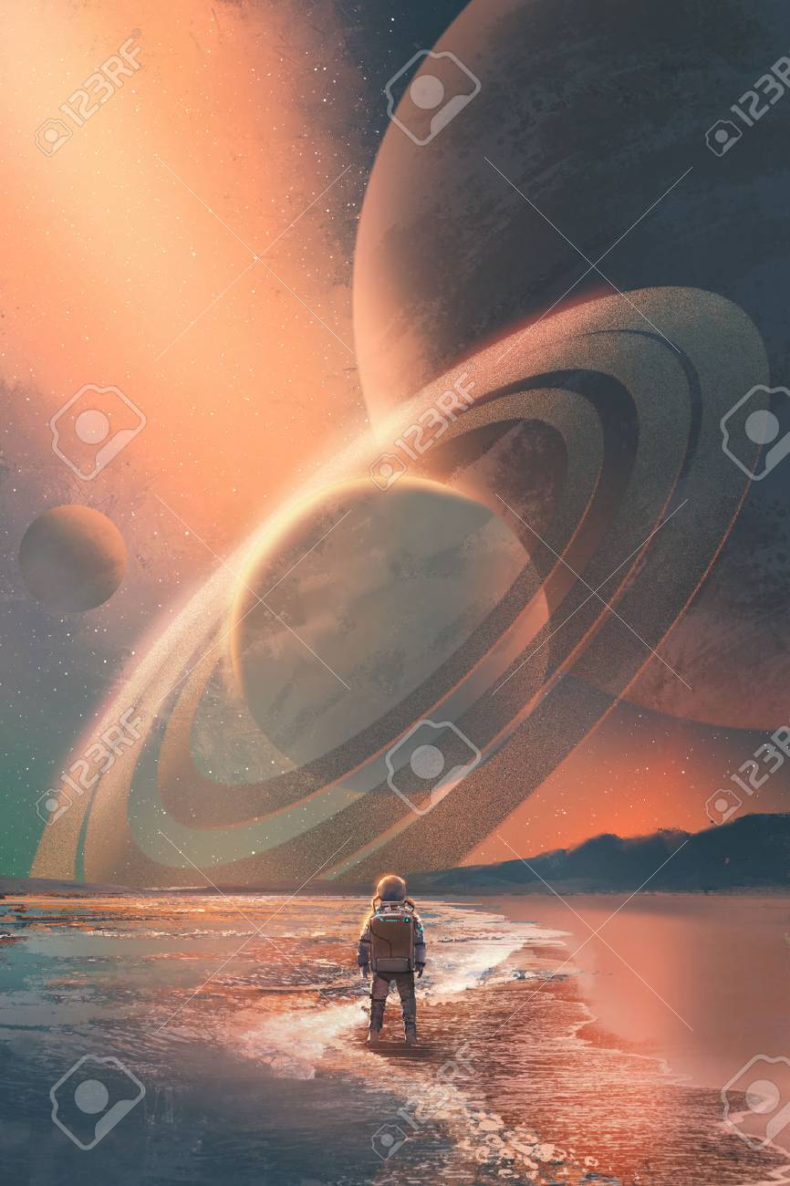 宇宙飛行士イラスト絵空に惑星を見てビーチに立っています の写真素材 画像素材 Image