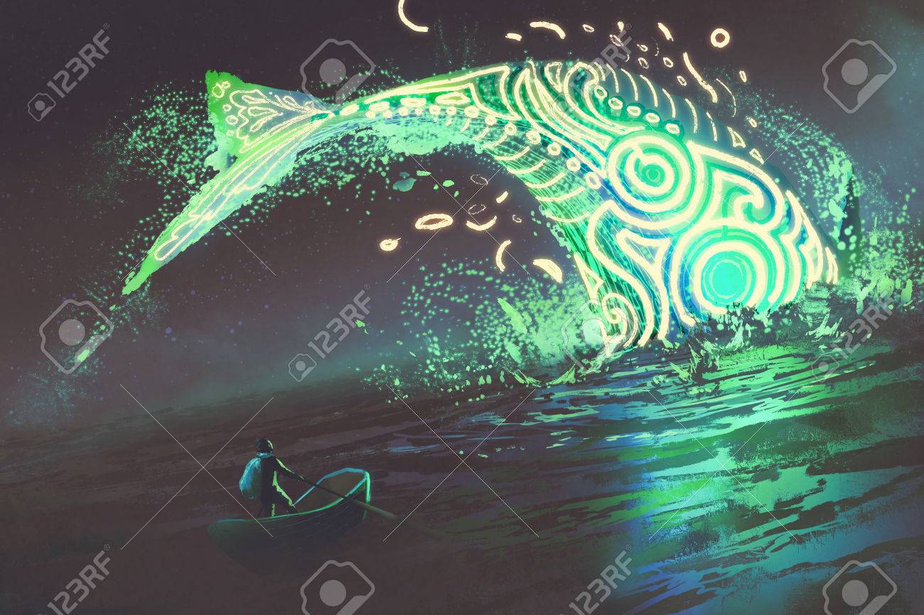 海 デジタル アートのスタイル 絵画の図でジャンプの輝く緑鯨を見てボートに乗って男の幻想風景 の写真素材 画像素材 Image