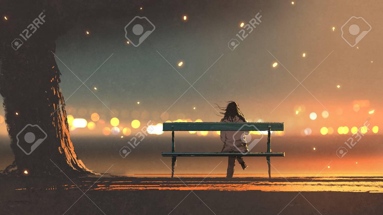 back view of young woman sitting on a bench with bokeh light, digital art style, illustration painting - 90056613 back view of young woman sitting on a bench with bokeh light, digital art style, illustration painting - 90056613